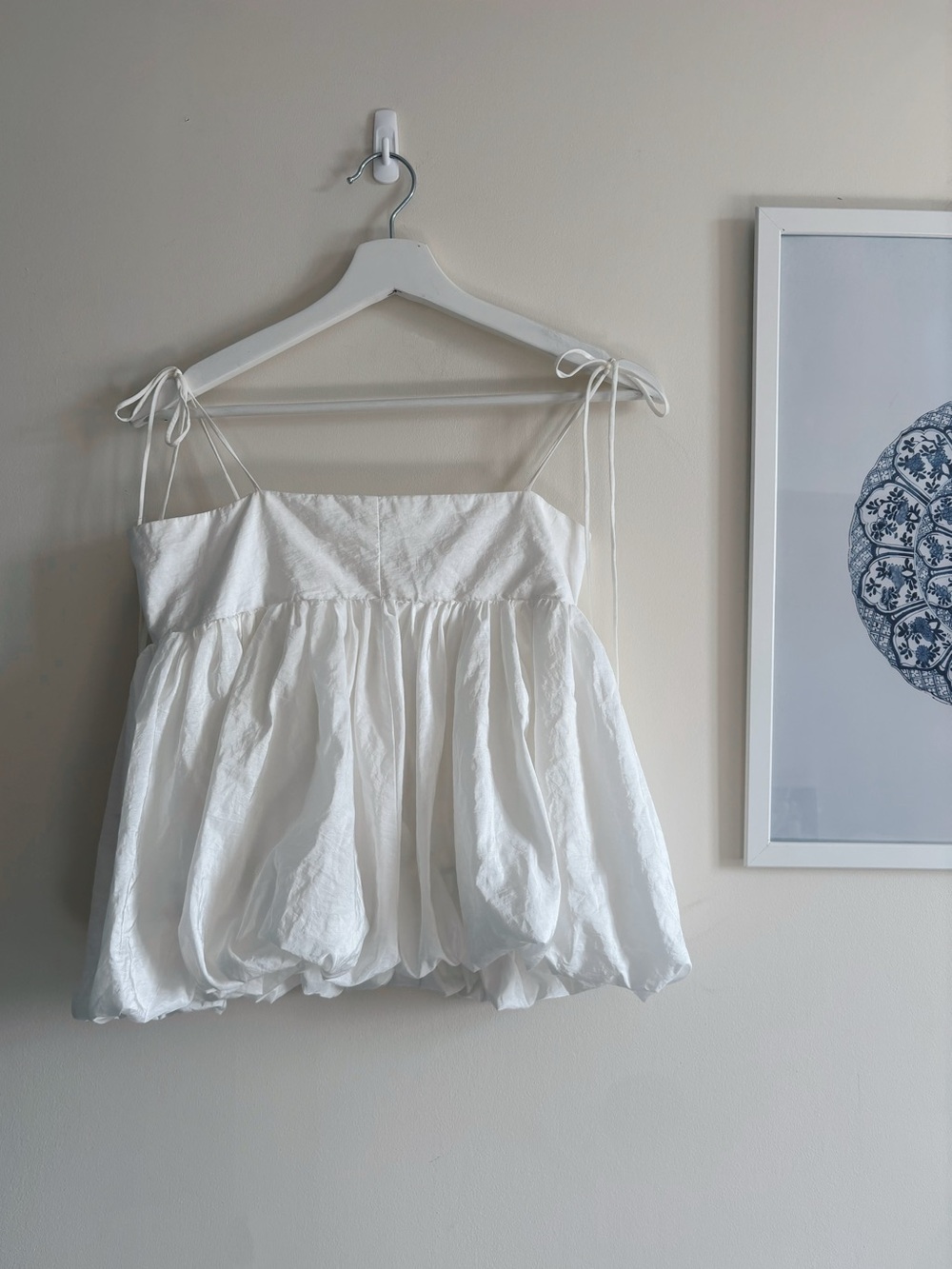 White Bubble Hem Babydoll Crop Top - Tie Straps | XXS/S